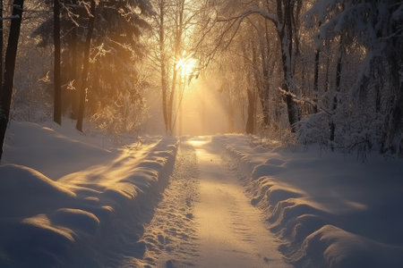 A quiet winter pathway covered in snow, lit by the warm glow of the setting sun filtering through trees.の写真素材