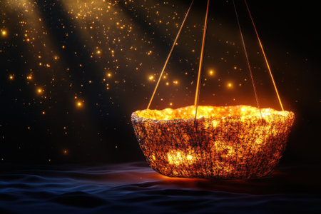 A woven basket emits warm light, surrounded by twinkling particles, creating a magical nighttime atmosphere.の写真素材