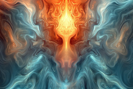 Colorful swirls of orange and blue create a mesmerizing abstract design with ethereal energy flowing.の写真素材
