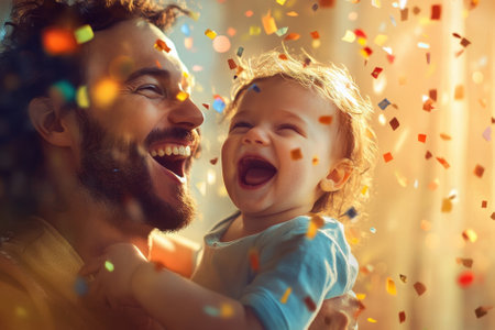 Father and baby happily laugh together while colorful confetti falls around them during a celebration.の写真素材