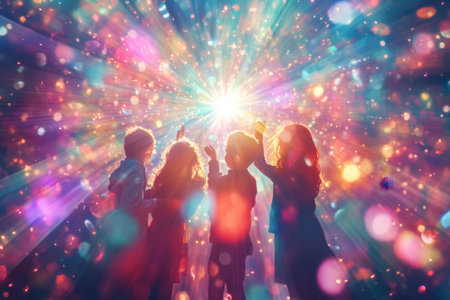 Four children joyfully reach toward a colorful light burst, surrounded by dazzling effects in a festive setting.の写真素材
