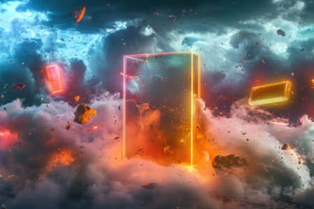 A luminous portal stands amidst colorful clouds and floating fragments, creating a surreal atmosphere.の写真素材
