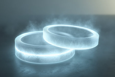 Two translucent rings emit a soft glow, surrounded by a gentle mist creating a tranquil atmosphere.の写真素材