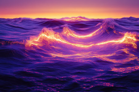 Ocean waves glow in shades of purple and orange during a stunning sunset near the horizon.の写真素材