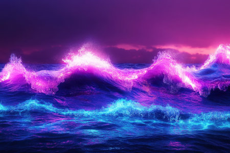 Vibrant waves crash against each other, reflecting purple hues under a twilight sky.の写真素材