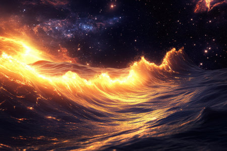 Waves with fiery colors crash against each other, illuminated under a cosmic night sky filled with stars.の写真素材