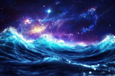 Bright waves roll toward the shore beneath a mesmerizing cosmic sky filled with colorful galaxies.の写真素材