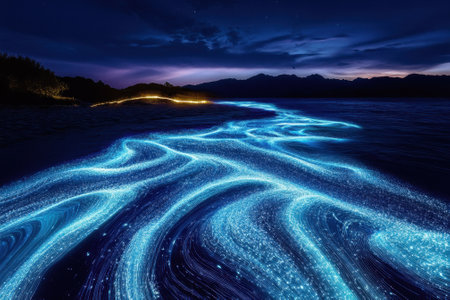 Glowing waves of bioluminescence create a stunning blue glow along the coastline during nightfall.の写真素材