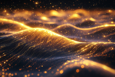 Gleaming waves covered in golden sparkles create an enchanting abstract visual experience against darkness.の写真素材
