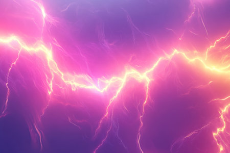 Striking bolts of lightning create a dazzling display across a twilight sky filled with vibrant colors.の写真素材