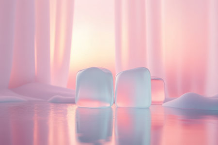 Ice cubes rest on a reflective surface illuminated by soft pastel light filtered through draping fabric.の写真素材