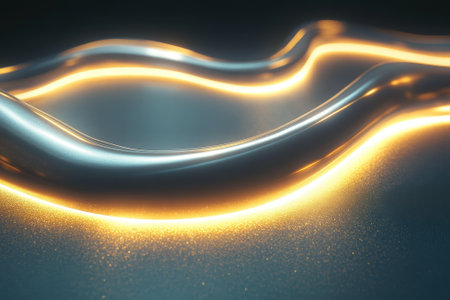 Glowing lines weave through smooth, metallic curves, creating an engaging and colorful visual experience.の写真素材