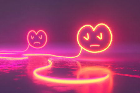 Two neon hearts with contrasting emotions glow in a dark space, reflecting on a wet surface.の写真素材