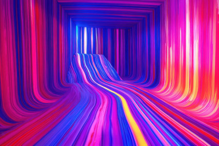 Colorful streaks create a radiant tunnel, showing vibrant hues blending seamlessly in the space.の写真素材