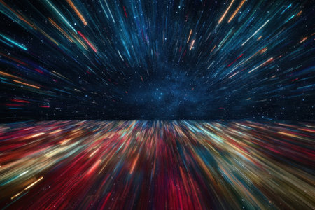 Bright streaks of light fill the dark sky, creating a vibrant cosmic experience of motion and depth.の写真素材