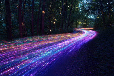 Bright, multicolored light trails weave through a wooded area, creating an enchanting atmosphere at night.の写真素材