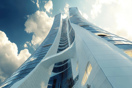A unique skyscraper showcases its fluid design and reflective surfaces under a bright blue sky with clouds.の写真素材
