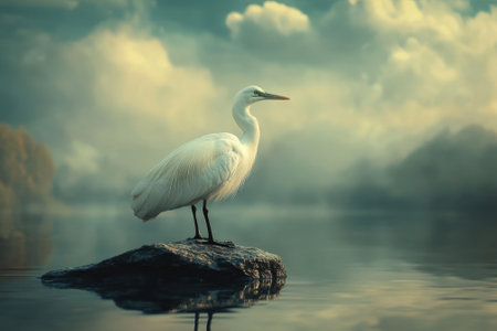 A white heron perches on a rock in tranquil waters, surrounded by soft mist and morning light.の素材
