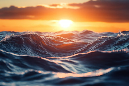 Waves roll gently toward the beach as the sun sets, casting golden hues across the water and sky.の写真素材