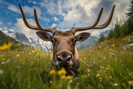 A curious deer with antlers stands among colorful wildflowers in a serene alpine meadow, under a clear sky.の写真素材