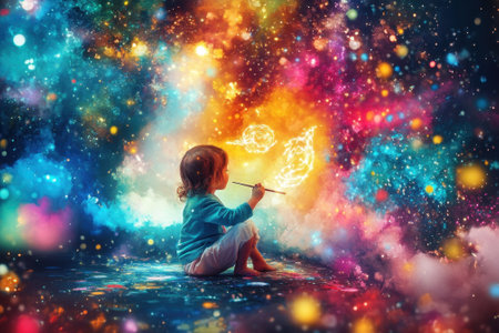 A young child creates colorful artwork in a whimsical cosmic environment filled with brightness and magic.の写真素材