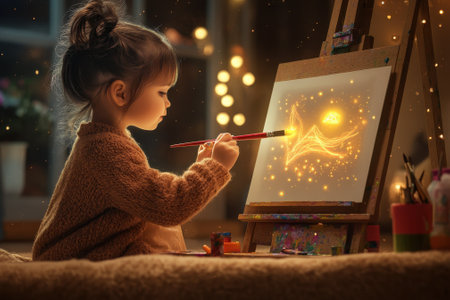 A child dressed in a cozy sweater paints a glowing scene on her canvas, immersed in creativity and imagination.の写真素材