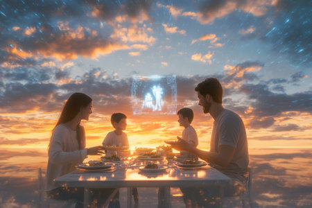 A family gathers for dinner at sunset, amazed by a hologram projection in the sky, creating a magical atmosphere.の写真素材