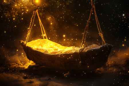 A luminous cradle rests in a dark forest, surrounded by glowing particles and enchanting ambiance.の写真素材