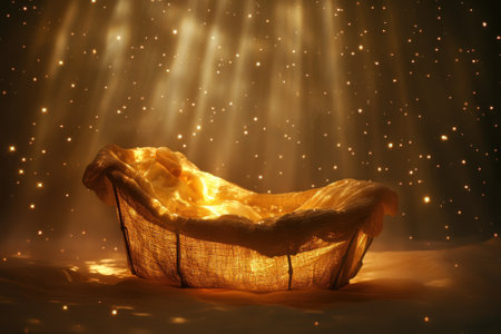 A woven basket glows warmly under soft lights, creating a tranquil and magical atmosphere with shimmering particles.の写真素材
