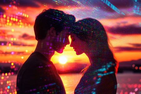 A couple stands close together during a vibrant sunset, surrounded by colorful digital patterns.の写真素材