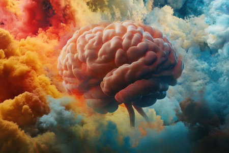 A vivid and imaginative representation shows a brain floating amidst vibrant clouds, creating a dreamlike atmosphere.の写真素材