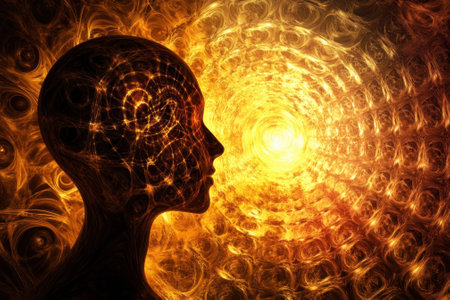 A silhouette of a head reflects intricate patterns, symbolizing deep thought and exploration of the mind.の写真素材