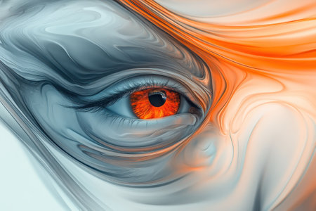 A close-up view showcases a striking orange iris within a swirling mixture of gray and orange colors.の写真素材