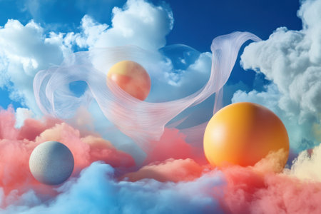 Colorful spheres hover amidst colorful clouds, creating a dreamlike atmosphere in the bright sky.の写真素材