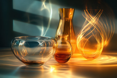 Beautiful glass vases and bowls catch warm light, creating a stunning display of colors and reflections.の写真素材