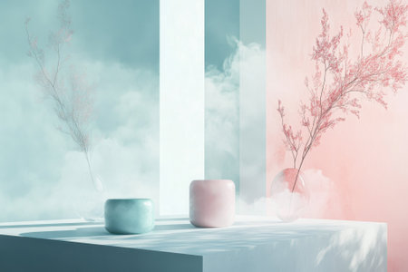 Two pastel-colored vases hold graceful flowers, surrounded by soft clouds, evoking calm and tranquility.の写真素材