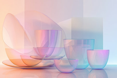 Various translucent bowls and plates are artistically arranged with vibrant colors reflecting light.の写真素材