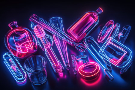 Colorful glass containers and neon tubes are scattered on a dark surface, creating a striking visual effect.の写真素材