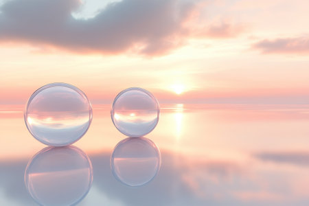 Two clear spheres mirror the vibrant sunset sky over a tranquil sea, creating a serene atmosphere.の写真素材