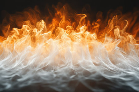 Bright orange flames rise and intertwine with soft white smoke in a mesmerizing display of movement.の写真素材