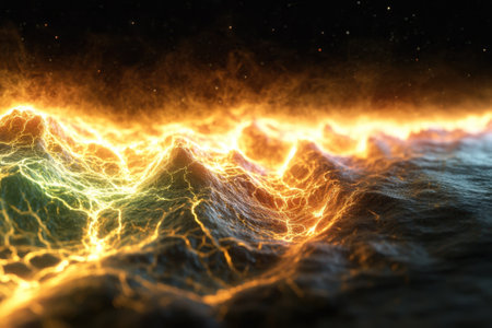 Glowing waves create a surreal landscape as they crash under a starlit sky, depicting an enchanting night.の写真素材