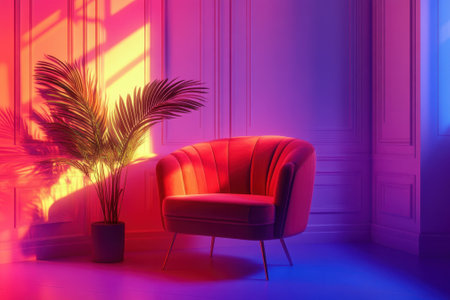A beautifully designed armchair sits against a wall, showing colorful lighting and a decorative plant nearby.の写真素材