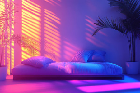 Soft pastel colors illuminate a minimalist bedroom featuring a low-lying bed and potted plants creating tranquility.の写真素材