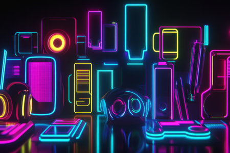 Colorful neon outlines of smartphones, tablets, and headphones create a dynamic electronic display at night.の写真素材