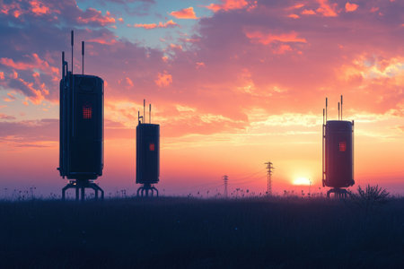 Communication towers stand silhouetted against a colorful sunset sky with clouds in the countryside.の写真素材