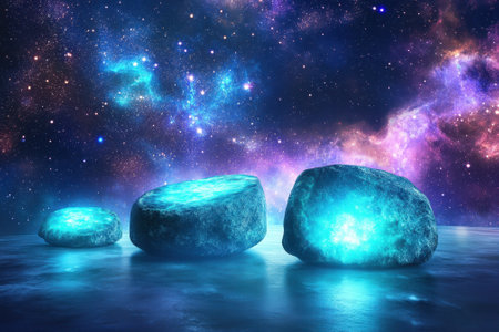 Three distinct glowing stones rest on a dark surface, surrounded by a vibrant cosmic backdrop filled with stars.の写真素材
