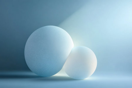 Two soft textured spheres sit peacefully, illuminated by a subtle beam of light in a blue-hued space.の写真素材
