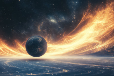 A planet floats through a vibrant cosmic scene filled with swirling gases and intense energy.の写真素材