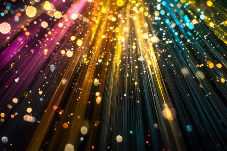 Bright rays of color and sparkling particles fill the space, creating a lively and dynamic visual experience.の写真素材
