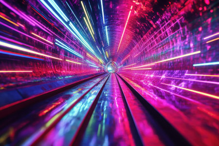 Bright neon lights illuminate a tunnel, creating a dynamic visual effect of speed and energy at night.の写真素材